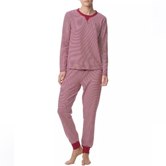 Tommy Hilfiger XL Deep Red White Stripes Thermal Crew Top & Jogger PJ Gift Set - Picture 5 of 9